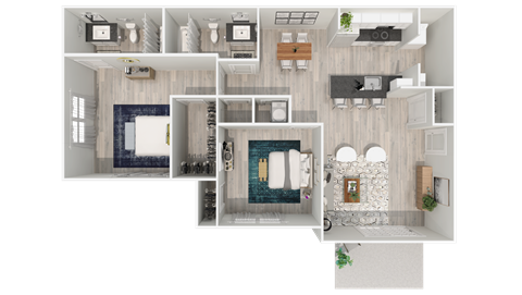 A top-down view of a modern apartment layout with a kitchen, living room, and bathroom.